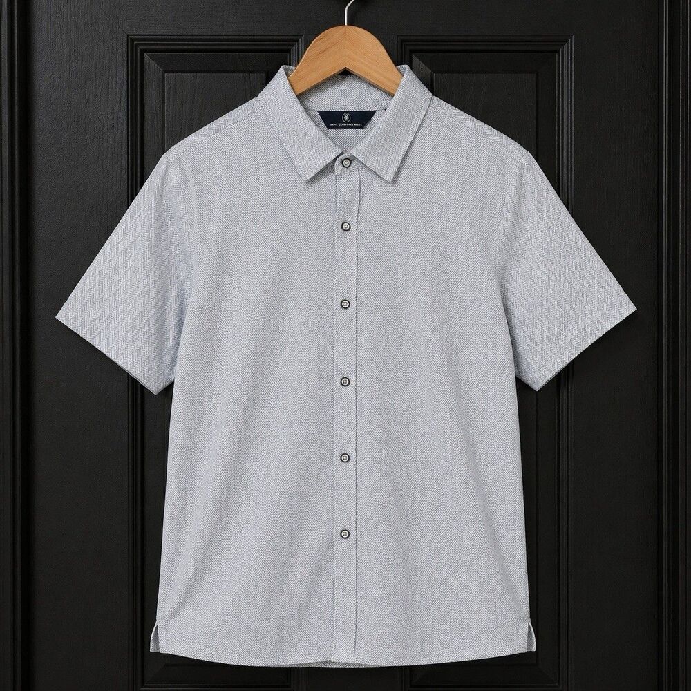 Hart Schaffner Marx Men’s L Gray /White Short Sleeve Button Front Shirt Cotton
